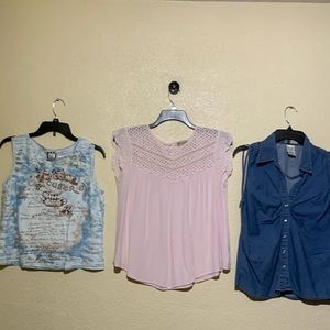 Take Two Democracy Faded Glory Bundle 3 Tops Pink Blue Chocolate Size L